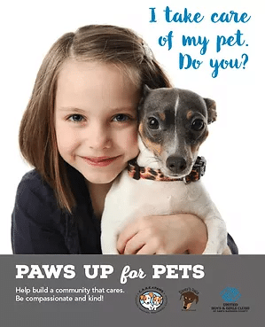 C.A.R.E.4Paws' Paws Up for Pets Flyer featuring a girl holding a dog